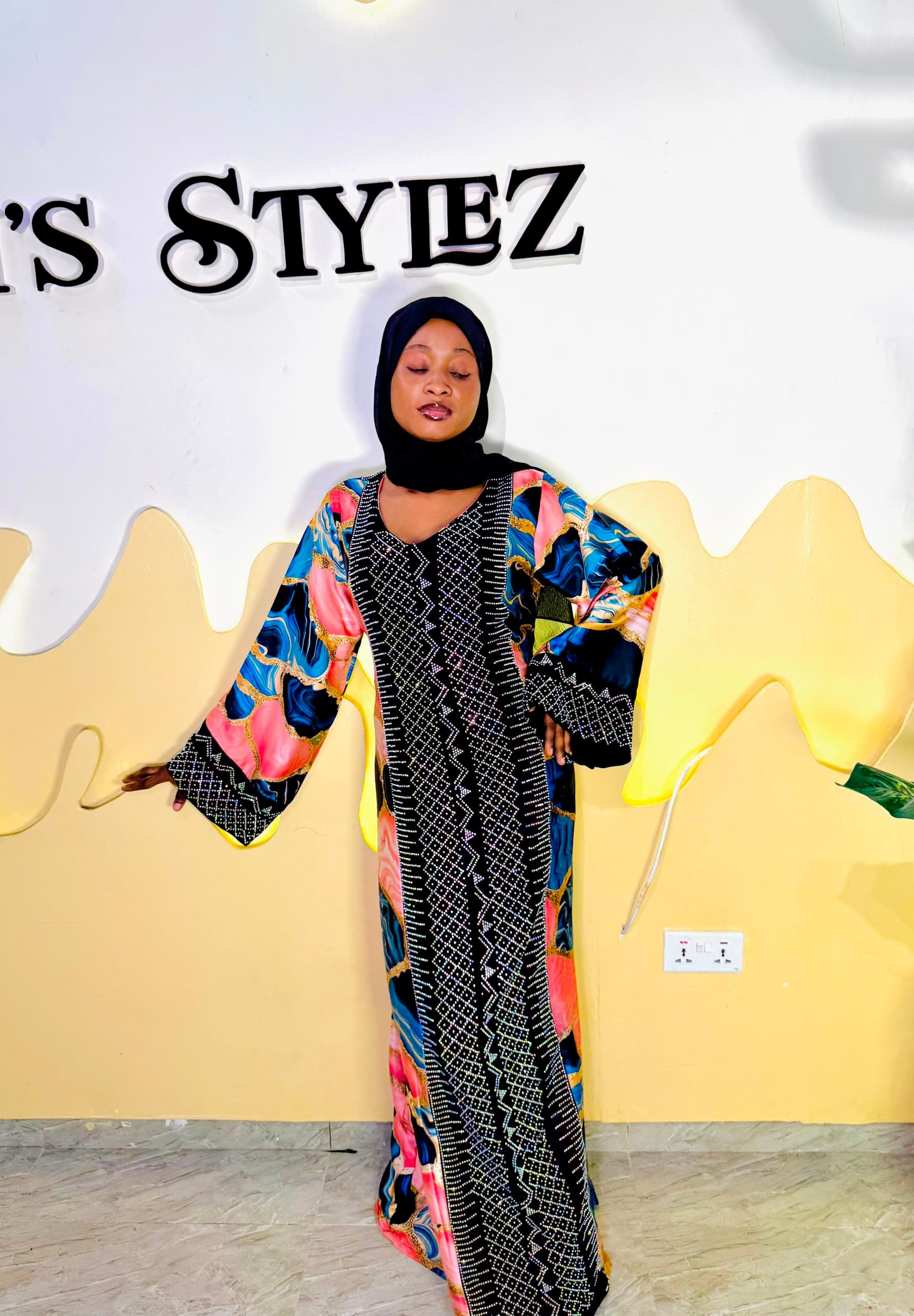 Stoned Floral Silk Abaya Gown